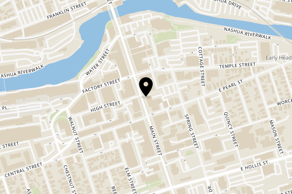 Map showing the location of Tostao's Tapas-bar on 170 Main St in Nashua